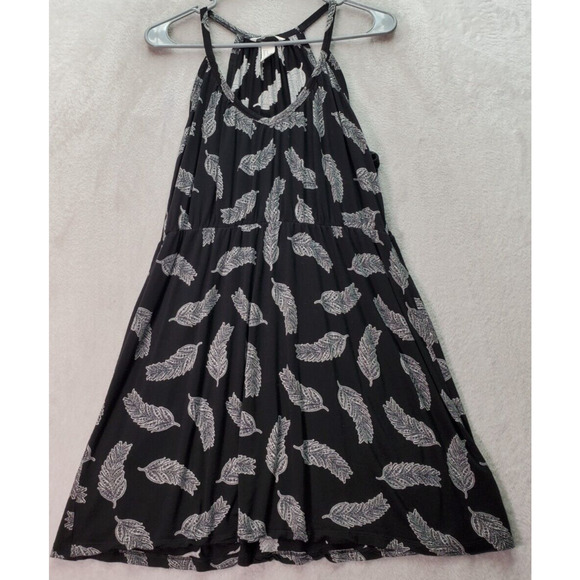 H&M Tank Dress Womens Medium Black Palm Leaf Viscose Sleeveless V Neck Pleated - Picture 1 of 7